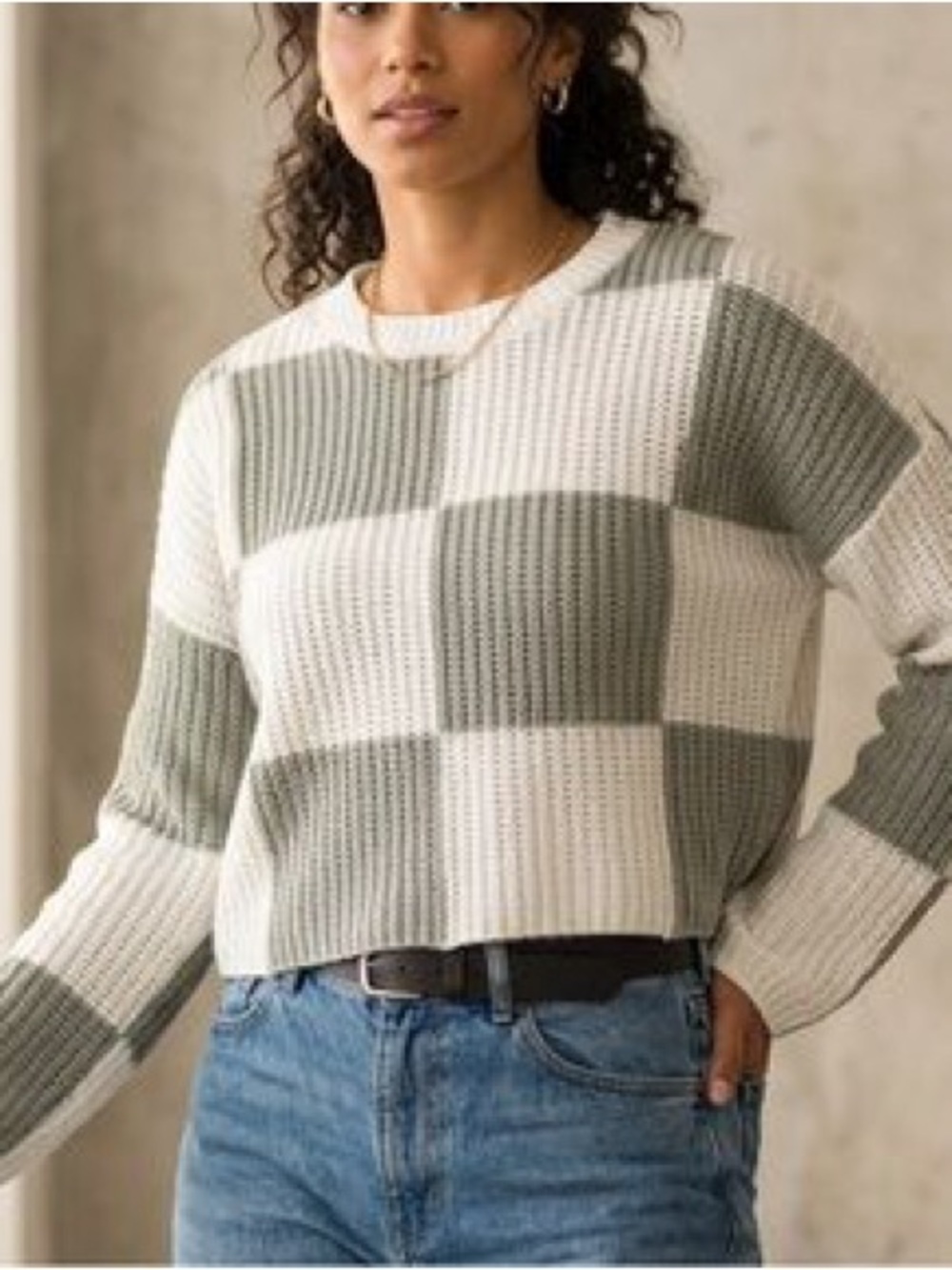 moon & madison Checkerboard Crewneck Sweater - White & Green